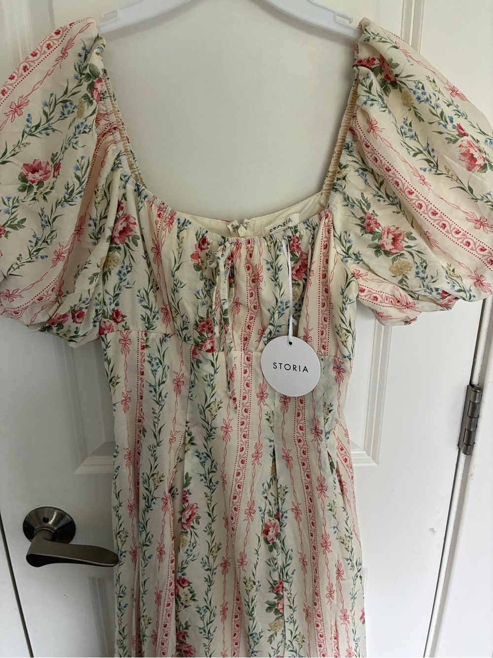 NWT 100% cotton Storia Cream and Pink Floral Puff-Sleeve Midi Dress - Picture 3 of 11